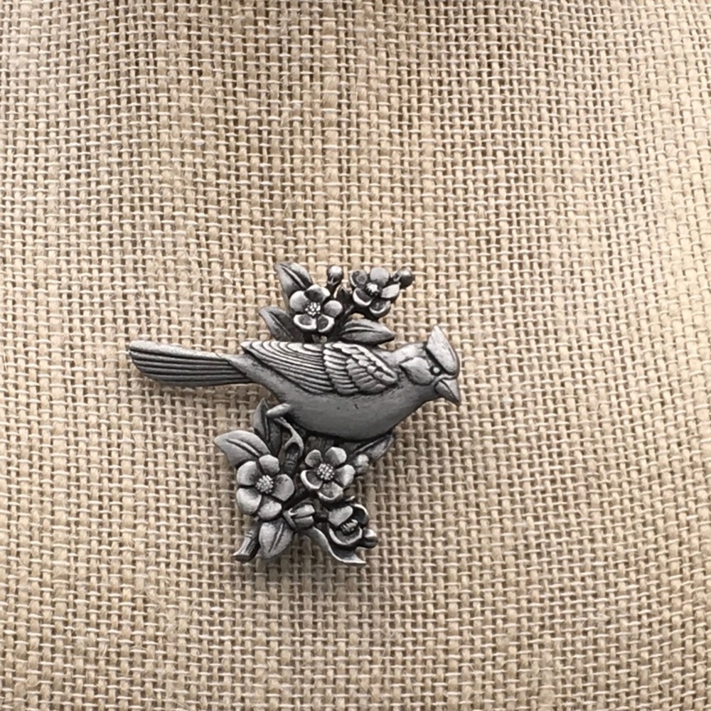 Vintage JJ Jonette Pewter Cardinal Floral Brooch
